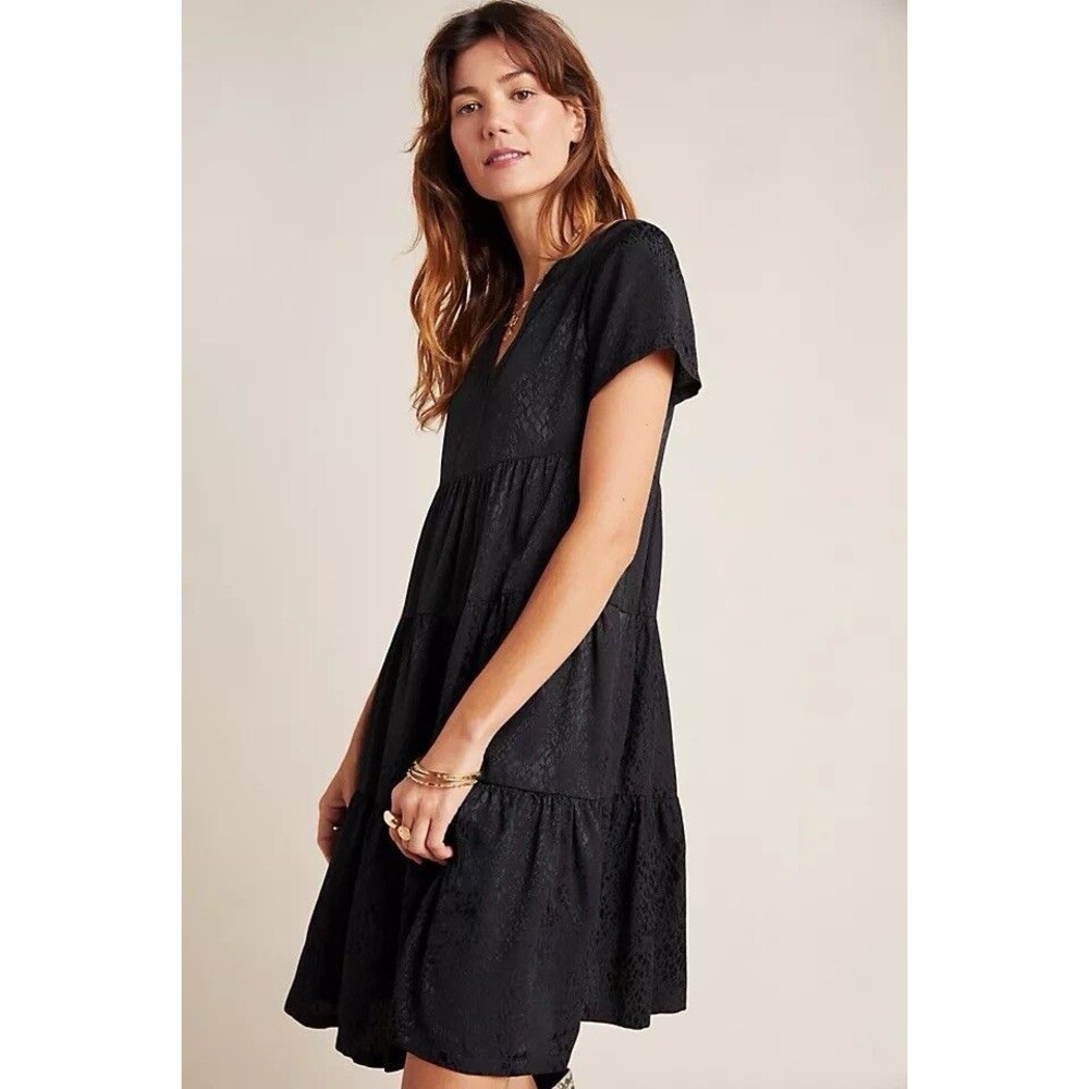 Maeve Anthropologie Sacha Jacquard Tiered Tunic Dress Size M Lined LBD Boho - Picture 2 of 16